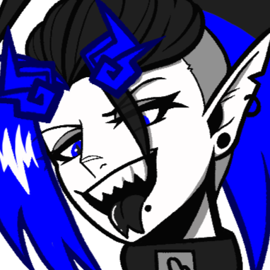 a close-up drawing of an anime character's face. they have black and blue hair framing their face. their eyes are blue. they have long elf ears, and two flames in place of horns on their forehead. they have a cheeky expression with their tongue sticking ou
